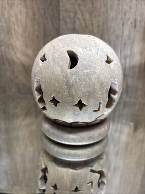 Soapstone Tea Light Candle Holder Cut Outs Cat Moon Star 3.5" Diameter Ball